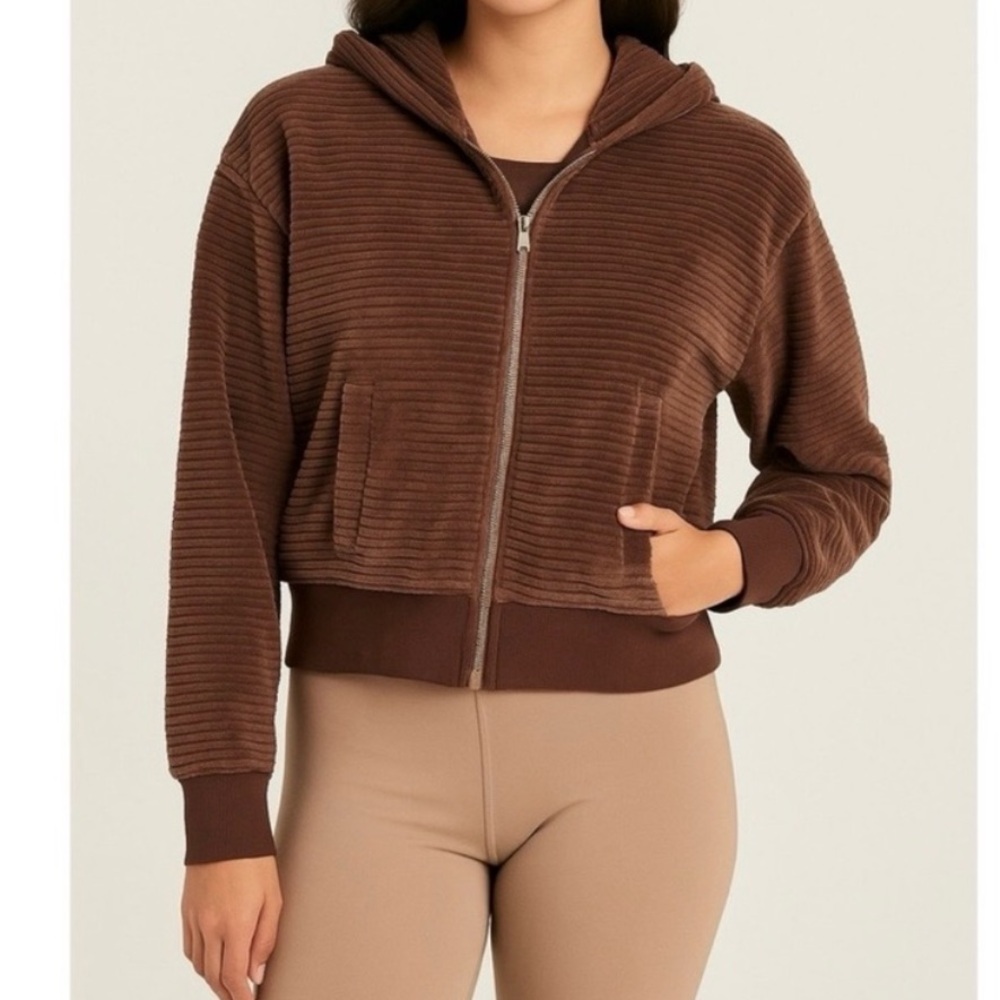 nuuds Chocolate Brown Ribbed Velour Zip Hoodie and sweat pants set